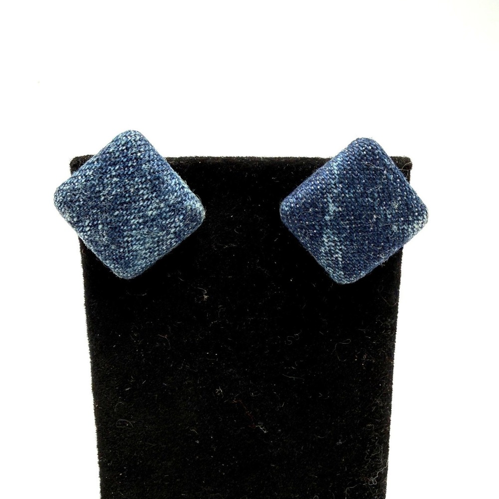 Vintage Blue Denim Square Stud Earrings Fabric Wrapped Geometric Post Earrings